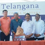 L - R: Mr. Amandeep Johl, CEO, DP World PGTI, Mr. Stepan Danek, Czech Professional Golfer, Mr. Kapil Dev, President, DP World PGTI, Shri Jupally Krishna Rao, Honourable Minister of Prohibition & Excise, Tourism & Culture and Archaeology, Government of Telangana, Mr. B V K Raju, President, HGA and Mr. Jasvinder Singh Birgi, Captain, HGA, pose with the trophy of the Telangana Golconda Masters at the Press Conference in Hyderabad on Saturday.