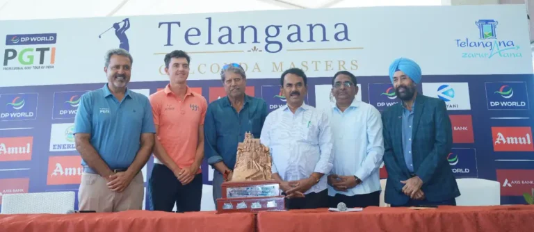 L - R: Mr. Amandeep Johl, CEO, DP World PGTI, Mr. Stepan Danek, Czech Professional Golfer, Mr. Kapil Dev, President, DP World PGTI, Shri Jupally Krishna Rao, Honourable Minister of Prohibition & Excise, Tourism & Culture and Archaeology, Government of Telangana, Mr. B V K Raju, President, HGA and Mr. Jasvinder Singh Birgi, Captain, HGA, pose with the trophy of the Telangana Golconda Masters at the Press Conference in Hyderabad on Saturday.