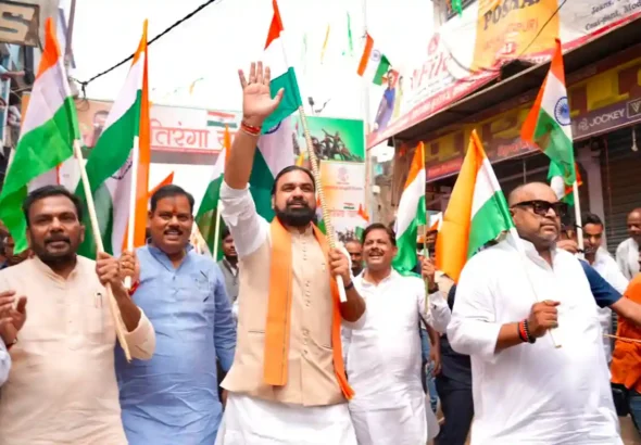 Bihar Chief Minister Samrat Choudhary led Tiranga Yatra under Har Ghar Tiranga Abhiyan-2026 in Munger on August 14, 2026.