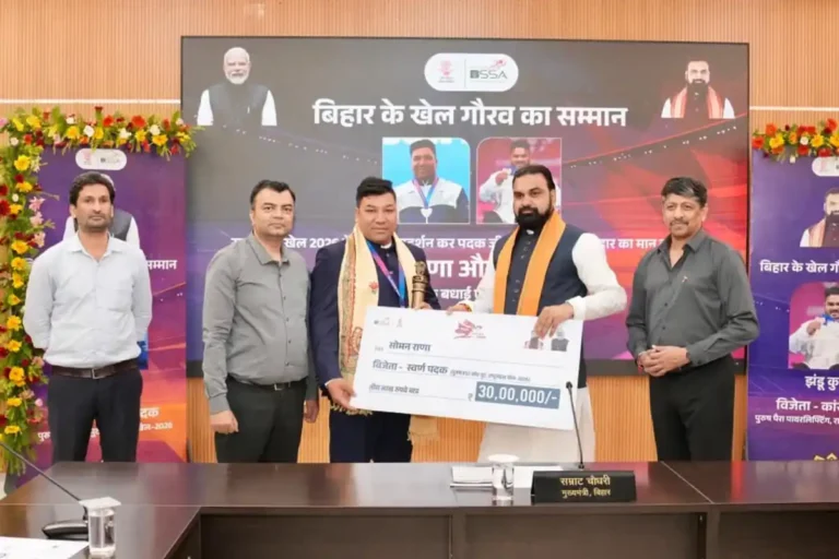 Bihar Chief Minister felicitates para athlete Soman Rana on National Sports Day in Patna on August 29, 2026.