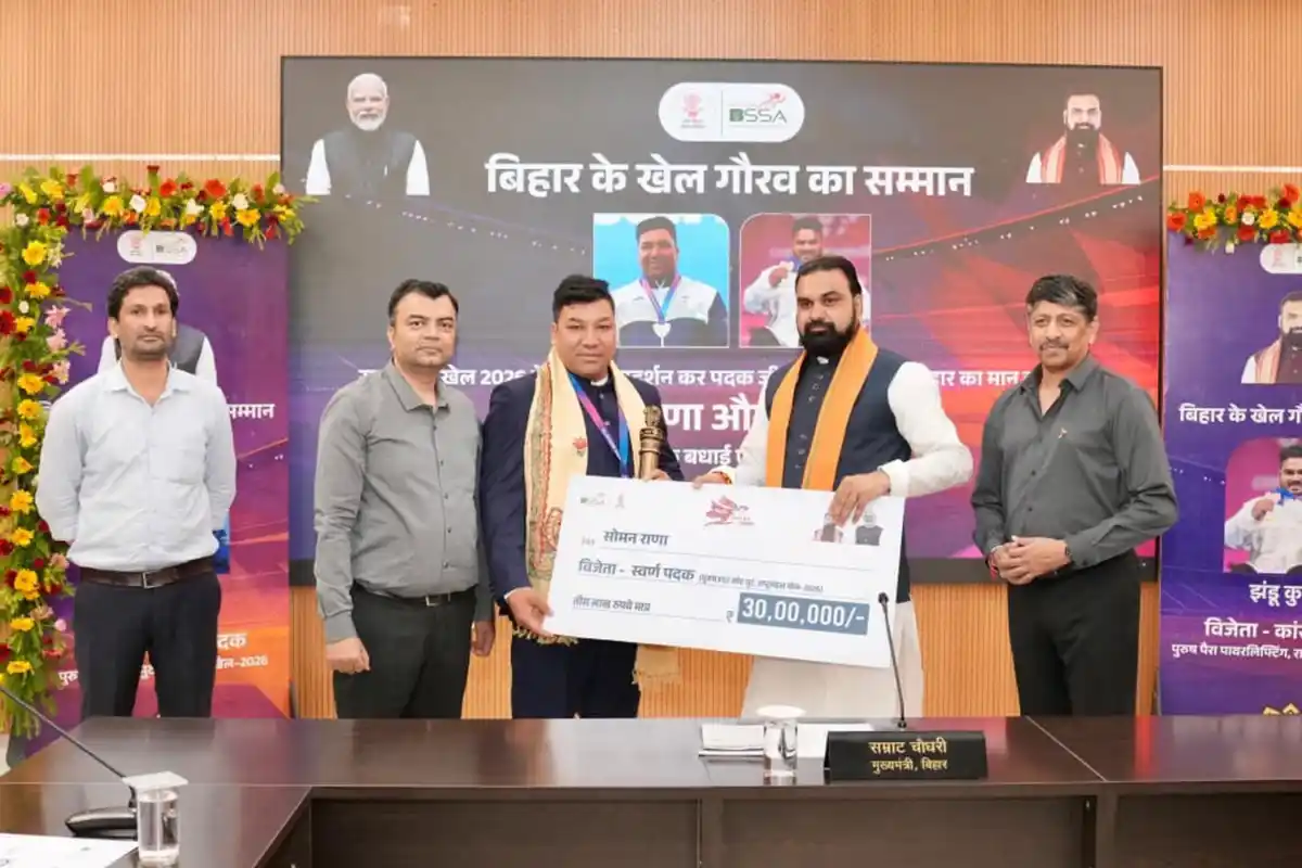 Bihar Chief Minister felicitates para athlete Soman Rana on National Sports Day in Patna on August 29, 2026.