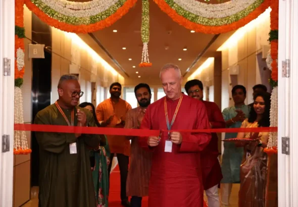 TDCX Founder and CEO Laurent Junique (center) cuts the ribbon at the company’s second Hyderabad campus at Meenakshi Eco Park, joined by Group CIO and EVP Byron Fernandez and India Country Director Ananth Premkumar, August 20, 2026