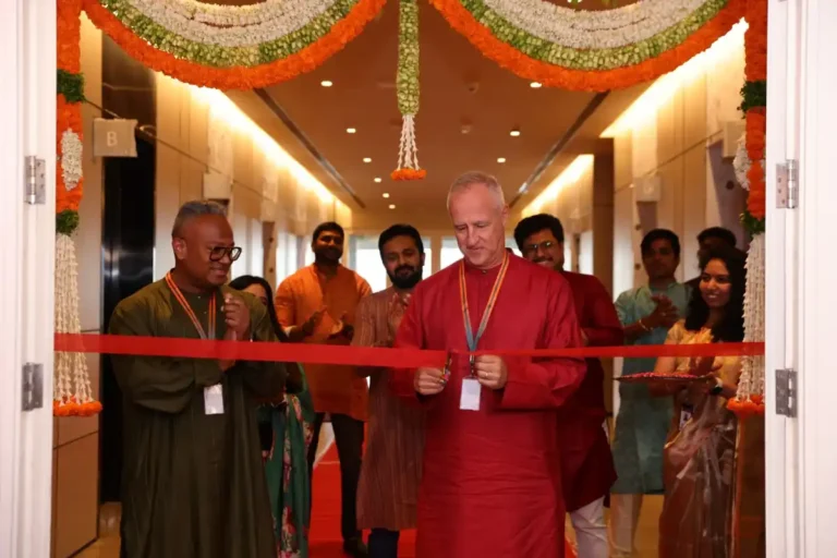TDCX Founder and CEO Laurent Junique (center) cuts the ribbon at the company’s second Hyderabad campus at Meenakshi Eco Park, joined by Group CIO and EVP Byron Fernandez and India Country Director Ananth Premkumar, August 20, 2026