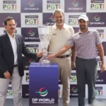 The DP World India Championship Lotus Trophy was unveiled in Srinagar on Sunday by (L - R) Mr. Hemant Ruia, Country Manager, Subcontinent (India), DP World, Mr. Amandeep Johl, CEO, DP World PGTI and Mr. Saptak Talwar, the current DP World PGTI Order of Merit leader and one of India's leading professionals.