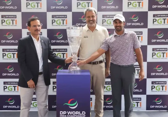 The DP World India Championship Lotus Trophy was unveiled in Srinagar on Sunday by (L - R) Mr. Hemant Ruia, Country Manager, Subcontinent (India), DP World, Mr. Amandeep Johl, CEO, DP World PGTI and Mr. Saptak Talwar, the current DP World PGTI Order of Merit leader and one of India's leading professionals.