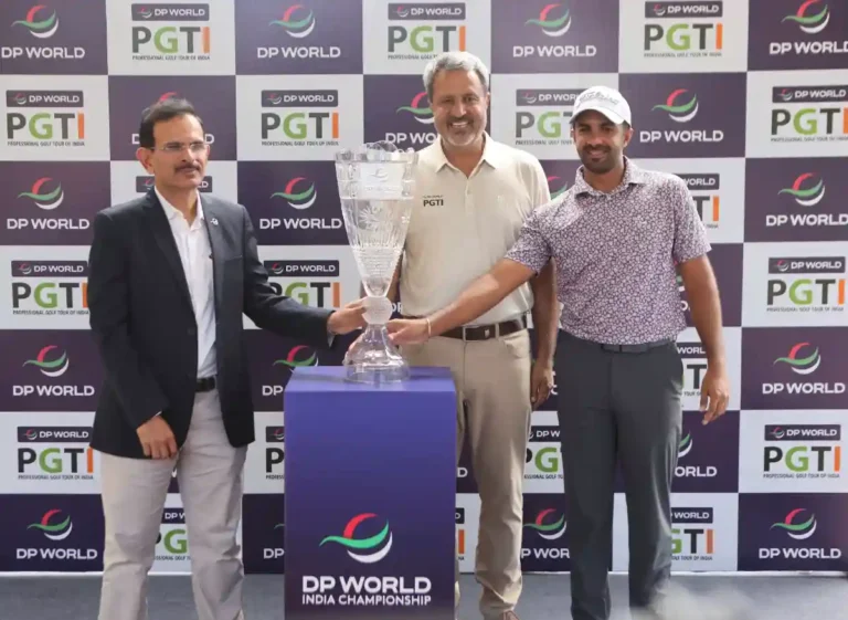 The DP World India Championship Lotus Trophy was unveiled in Srinagar on Sunday by (L - R) Mr. Hemant Ruia, Country Manager, Subcontinent (India), DP World, Mr. Amandeep Johl, CEO, DP World PGTI and Mr. Saptak Talwar, the current DP World PGTI Order of Merit leader and one of India's leading professionals.