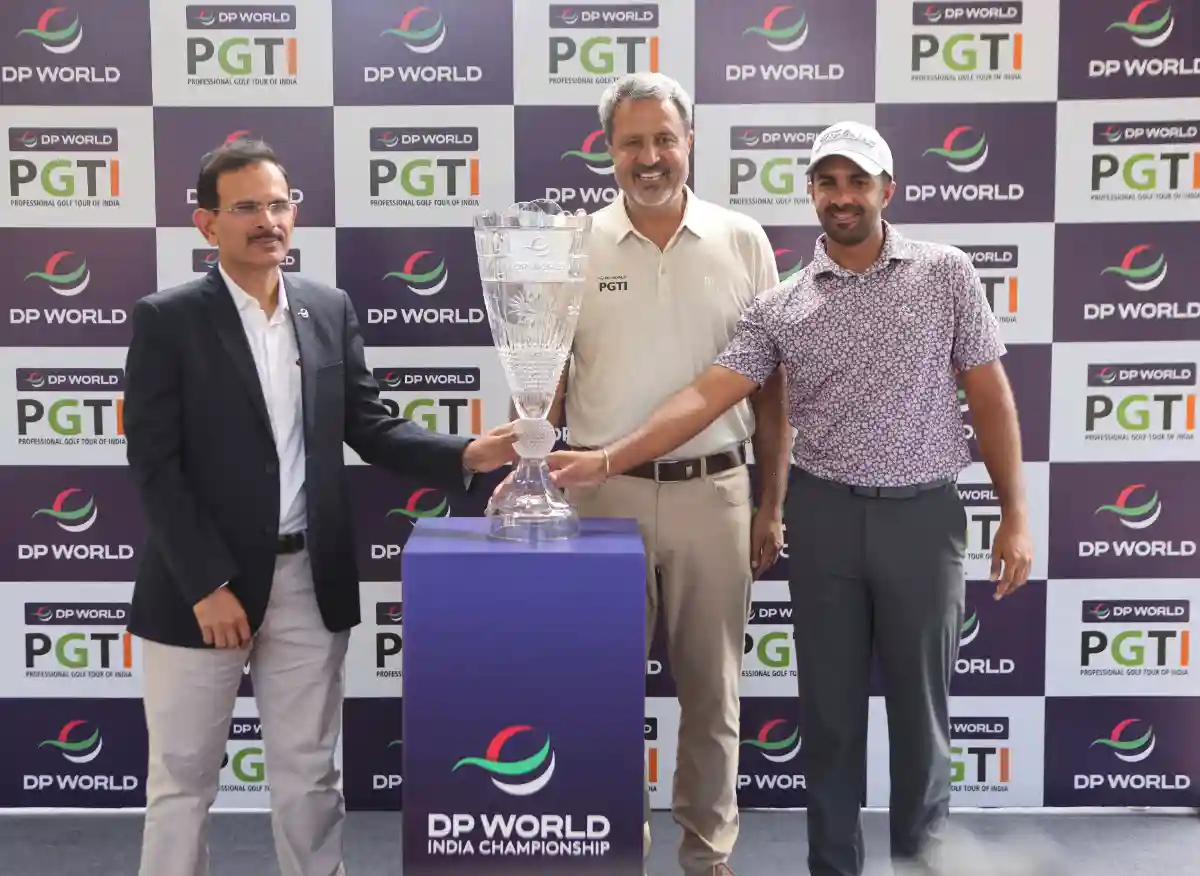 The DP World India Championship Lotus Trophy was unveiled in Srinagar on Sunday by (L - R) Mr. Hemant Ruia, Country Manager, Subcontinent (India), DP World, Mr. Amandeep Johl, CEO, DP World PGTI and Mr. Saptak Talwar, the current DP World PGTI Order of Merit leader and one of India's leading professionals.
