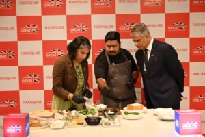 Harjinder Kang, His Majesty's Trade Commissioner for South Asia and British Deputy High Commissioner for Western India with Chef Sushil Multani, Culinary Director, Food Square in a live cooking demo