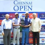 Defending champion N Thangaraja of Sri Lanka (2nd from left), leading Indian professional Akshay Sharma (2nd from right), Mr. H Shankar, MD, CPCL (extreme right) and Mr. R K Jhaver, Honorary Secretary, TNGF (extreme left), pose with the trophy of the Chennai Open 2026 Powered by CPCL at the TNGF Cosmo Golf Course on Monday