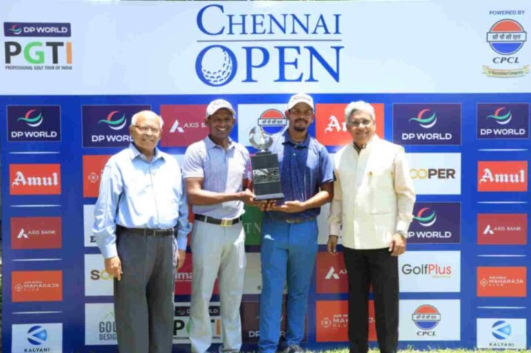 Defending champion N Thangaraja of Sri Lanka (2nd from left), leading Indian professional Akshay Sharma (2nd from right), Mr. H Shankar, MD, CPCL (extreme right) and Mr. R K Jhaver, Honorary Secretary, TNGF (extreme left), pose with the trophy of the Chennai Open 2026 Powered by CPCL at the TNGF Cosmo Golf Course on Monday