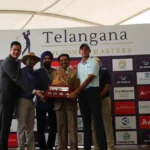 Champion Vishesh Sharma (extreme right) receives the trophy from (right to left) Mr. Bhaskar Reddy, President, HGA, Mr. Jasvinder Singh Birgi, Captain, HGA, Mr. Vandith Reddy, Secretary, HGA and Mr. Amit Maini, GM, The Westin Hyderabad Mindspace