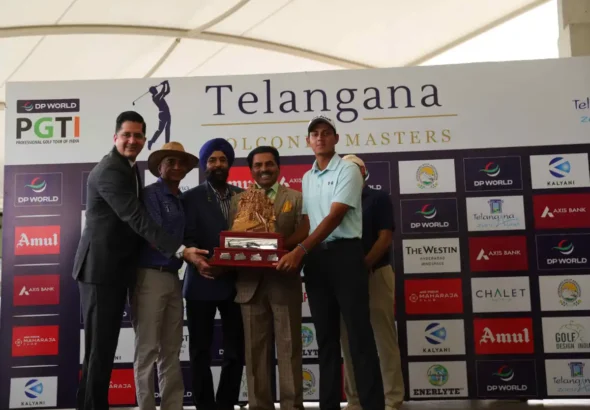 Champion Vishesh Sharma (extreme right) receives the trophy from (right to left) Mr. Bhaskar Reddy, President, HGA, Mr. Jasvinder Singh Birgi, Captain, HGA, Mr. Vandith Reddy, Secretary, HGA and Mr. Amit Maini, GM, The Westin Hyderabad Mindspace