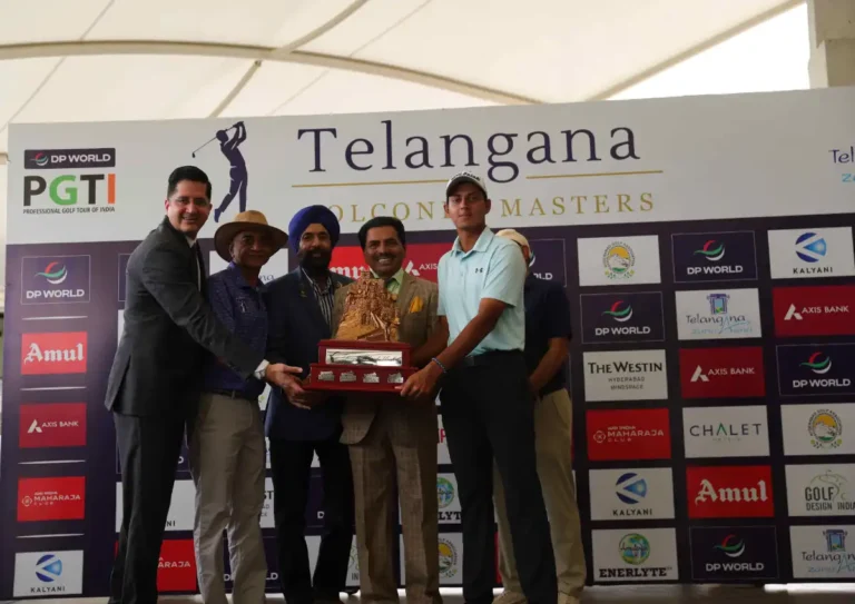 Champion Vishesh Sharma (extreme right) receives the trophy from (right to left) Mr. Bhaskar Reddy, President, HGA, Mr. Jasvinder Singh Birgi, Captain, HGA, Mr. Vandith Reddy, Secretary, HGA and Mr. Amit Maini, GM, The Westin Hyderabad Mindspace